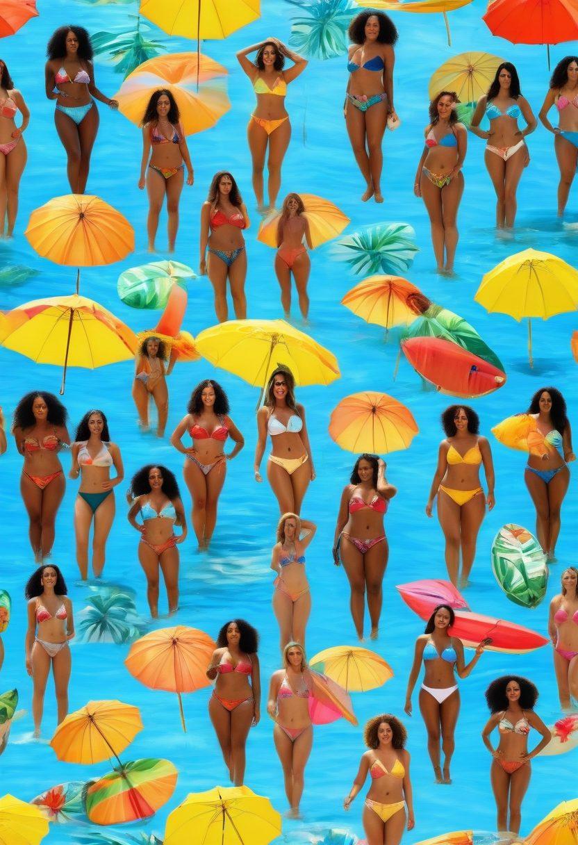 A vibrant beach scene featuring diverse women of all shapes and sizes confidently wearing a variety of bold and stylish bikinis, surrounded by colorful beach umbrellas and surfboards. The sun is shining bright in a clear blue sky, with playful waves lapping at the shore. Include tropical flowers and a beach ball for a fun atmosphere. super-realistic. vibrant colors. cheerful summer vibe.